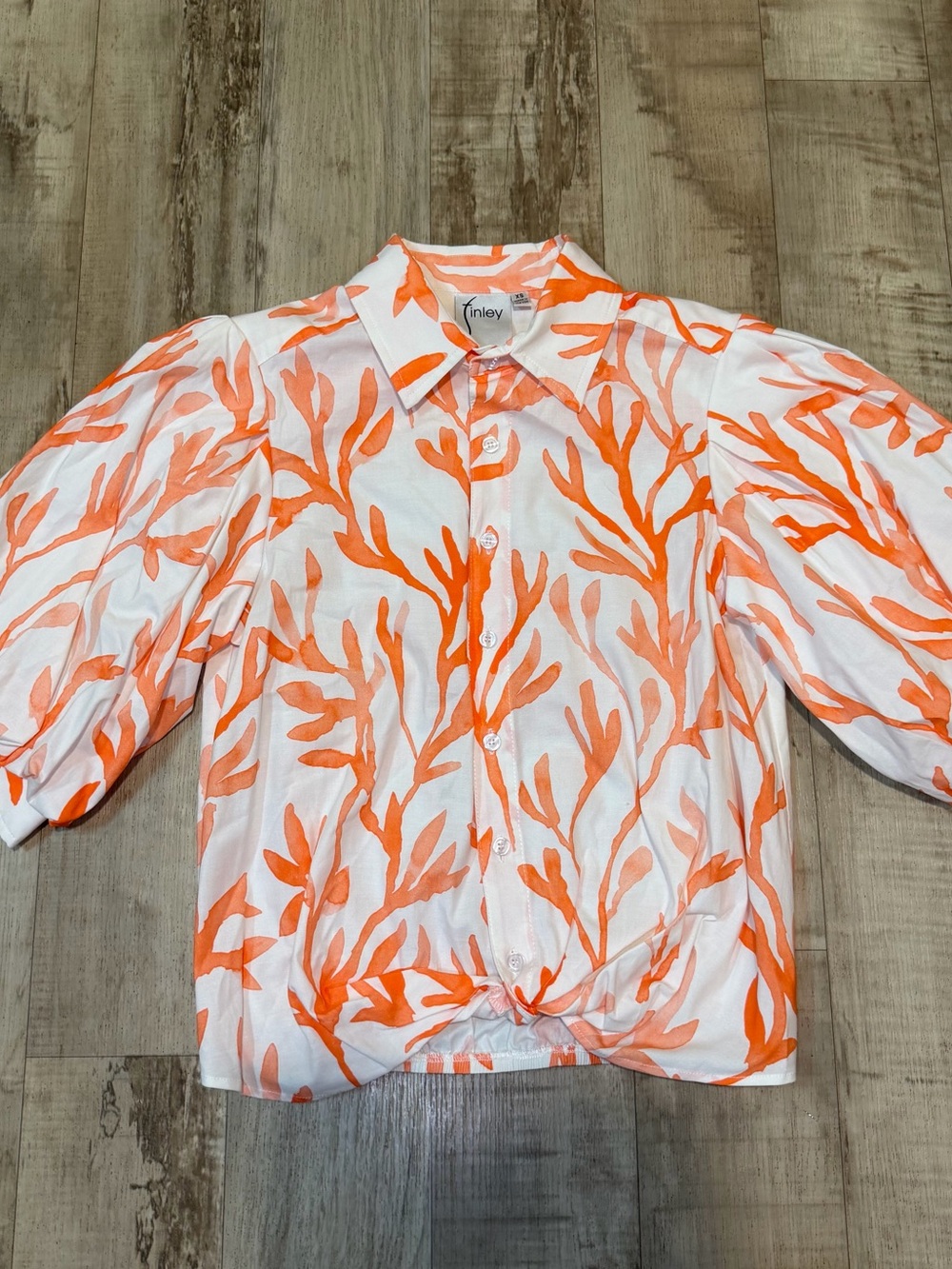 Finley Womens XS Orange White Print Puff Sleeve Button Down Blouse Made USA
